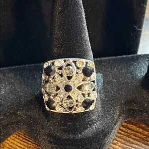 Silver and Black with Rhinestones Square Ring Size 9